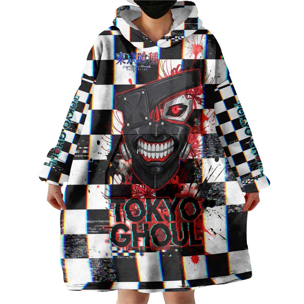 Tokyo Ghoul Kaneki Ken Wearable Blanket Hoodie Glitchcore Anime Style with Dark Checker Pattern