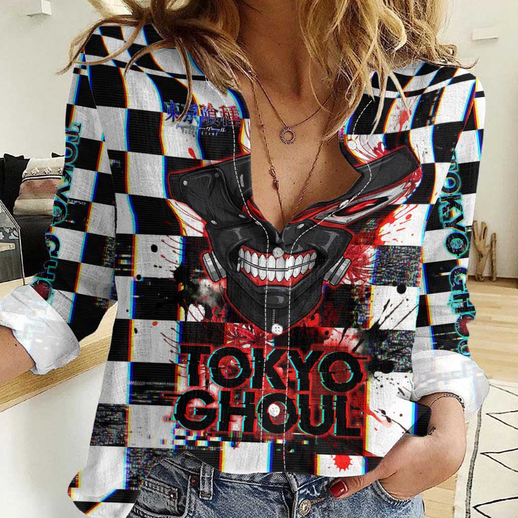 Tokyo Ghoul Kaneki Ken Women Casual Shirt Glitchcore Anime Style with Dark Checker Pattern