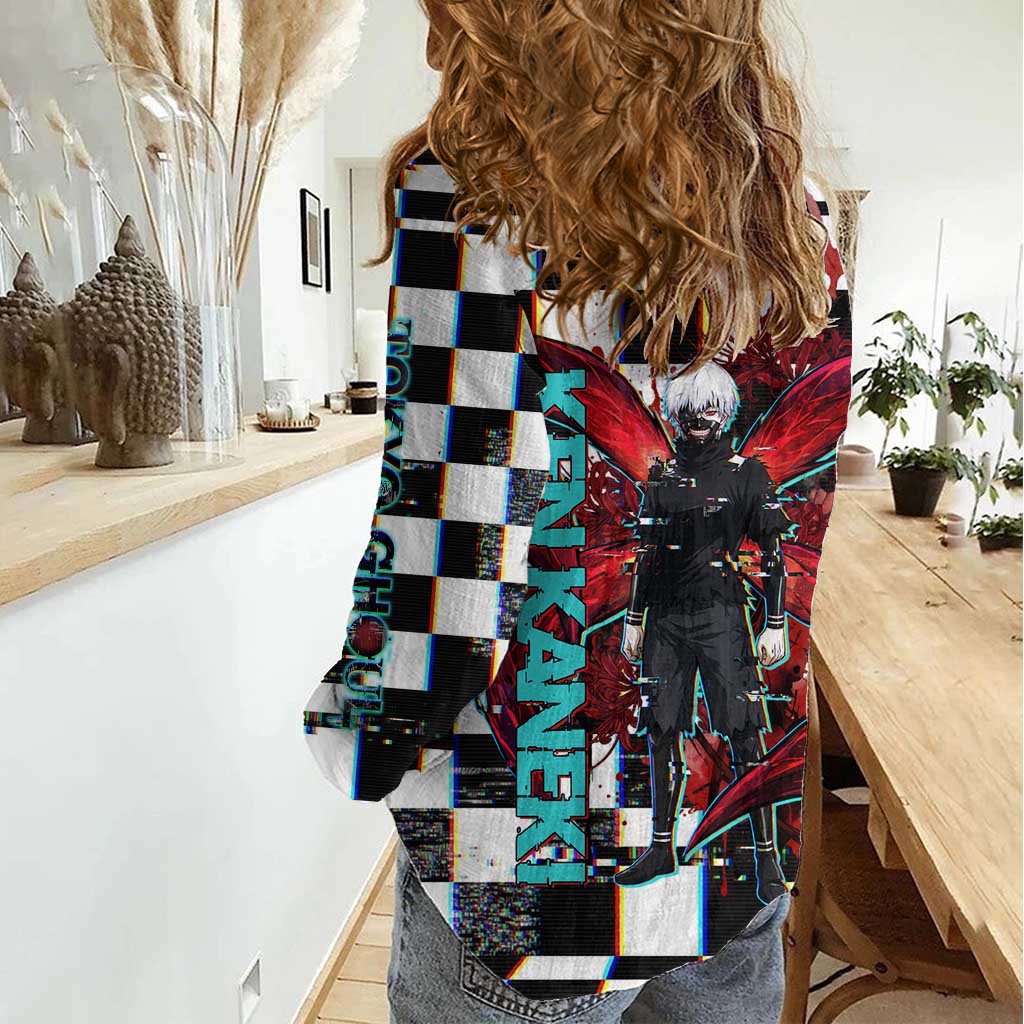 Tokyo Ghoul Kaneki Ken Women Casual Shirt Glitchcore Anime Style with Dark Checker Pattern
