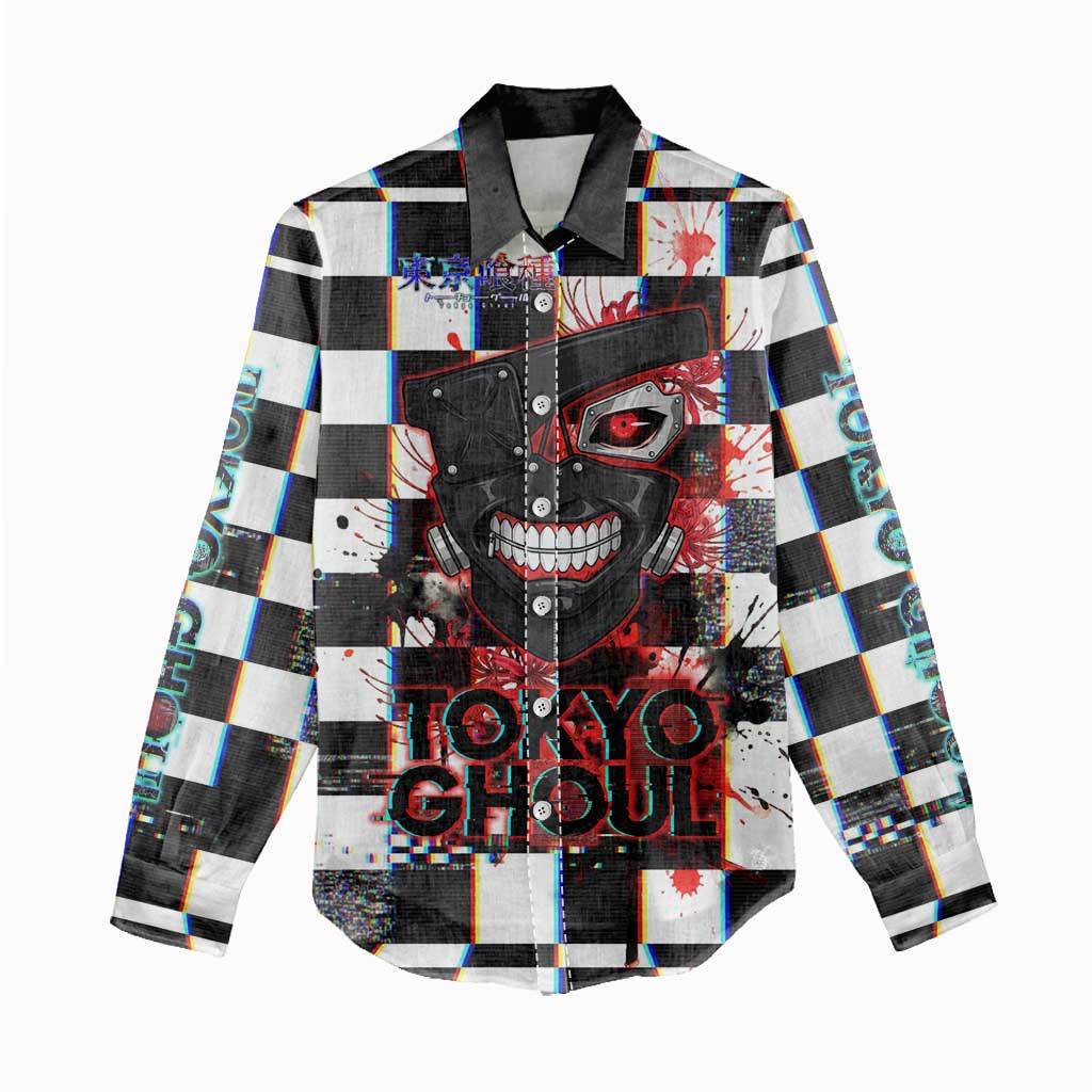 Tokyo Ghoul Kaneki Ken Women Casual Shirt Glitchcore Anime Style with Dark Checker Pattern