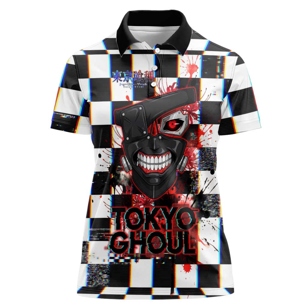 Tokyo Ghoul Kaneki Ken Women Polo Shirt Glitchcore Anime Style with Dark Checker Pattern