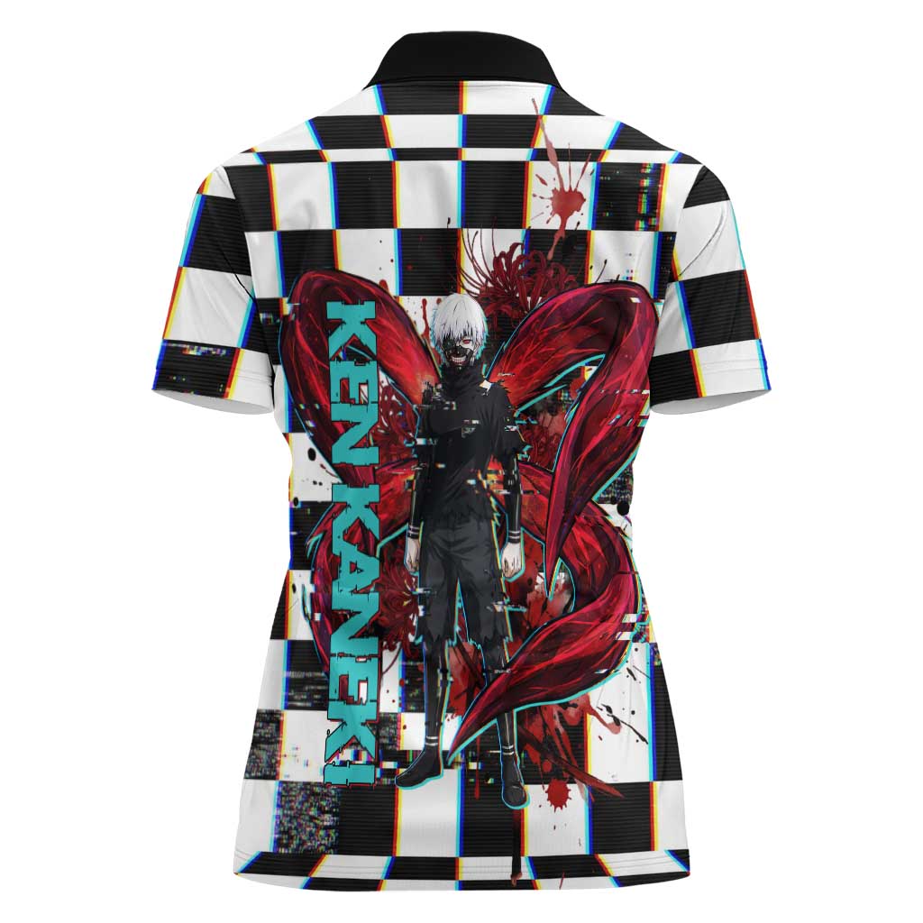 Tokyo Ghoul Kaneki Ken Women Polo Shirt Glitchcore Anime Style with Dark Checker Pattern