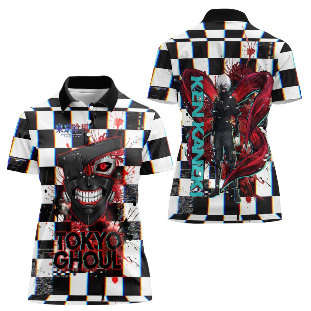 Tokyo Ghoul Kaneki Ken Women Polo Shirt Glitchcore Anime Style with Dark Checker Pattern