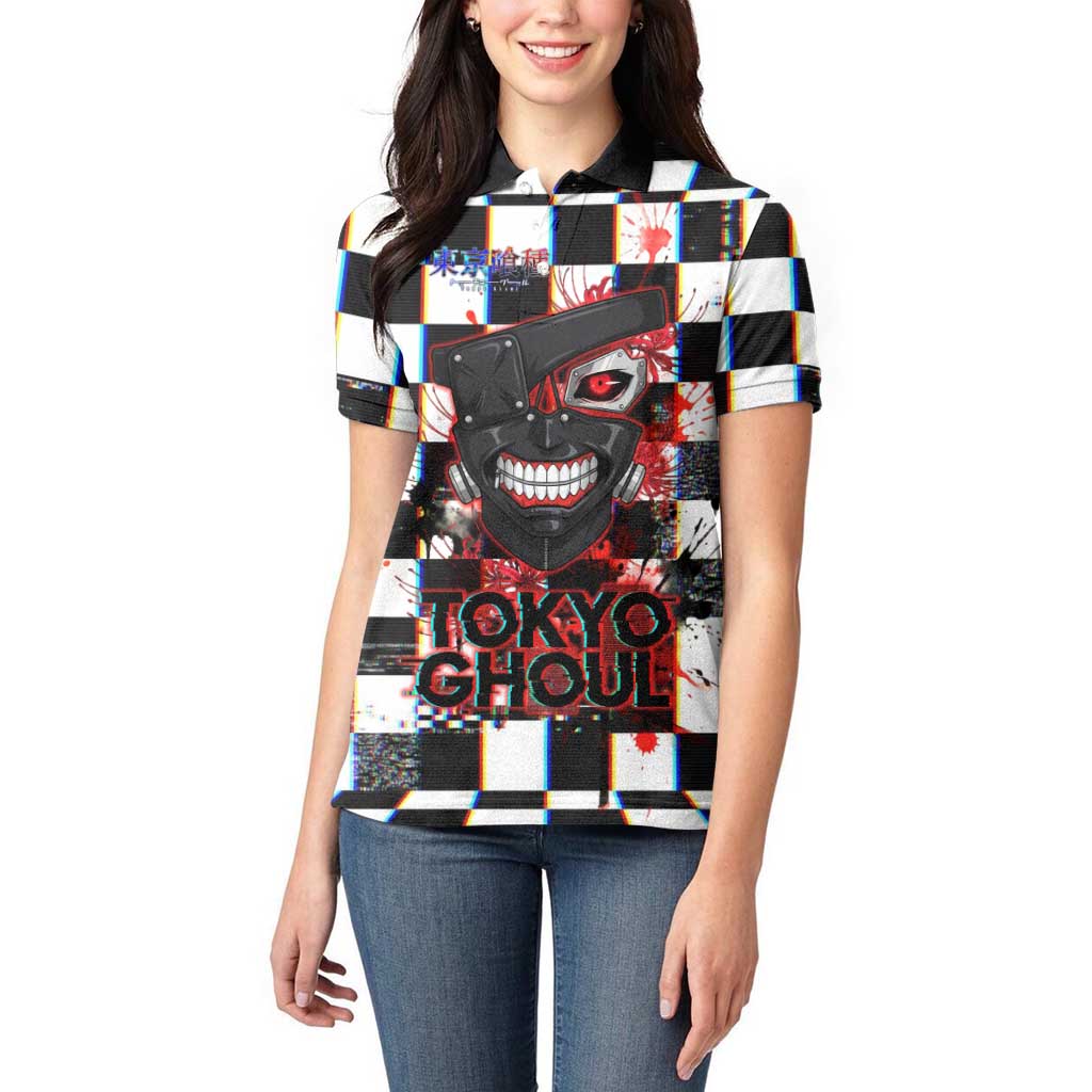 Tokyo Ghoul Kaneki Ken Women Polo Shirt Glitchcore Anime Style with Dark Checker Pattern