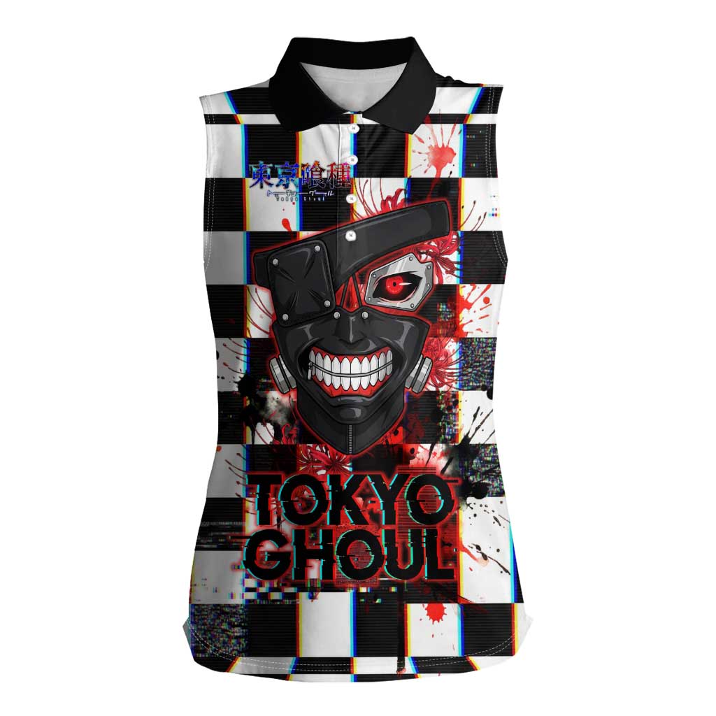 Tokyo Ghoul Kaneki Ken Women Sleeveless Polo Shirt Glitchcore Anime Style with Dark Checker Pattern