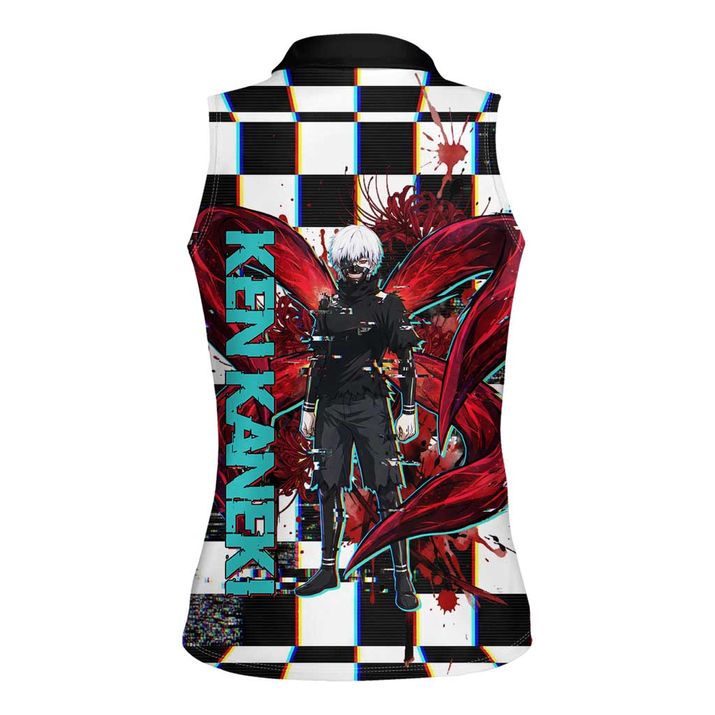Tokyo Ghoul Kaneki Ken Women Sleeveless Polo Shirt Glitchcore Anime Style with Dark Checker Pattern