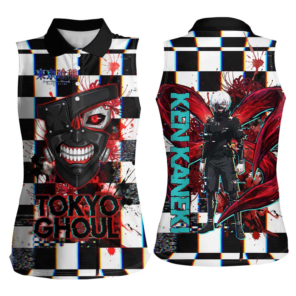 Tokyo Ghoul Kaneki Ken Women Sleeveless Polo Shirt Glitchcore Anime Style with Dark Checker Pattern