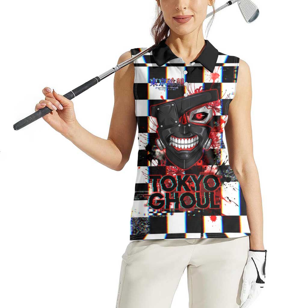 Tokyo Ghoul Kaneki Ken Women Sleeveless Polo Shirt Glitchcore Anime Style with Dark Checker Pattern