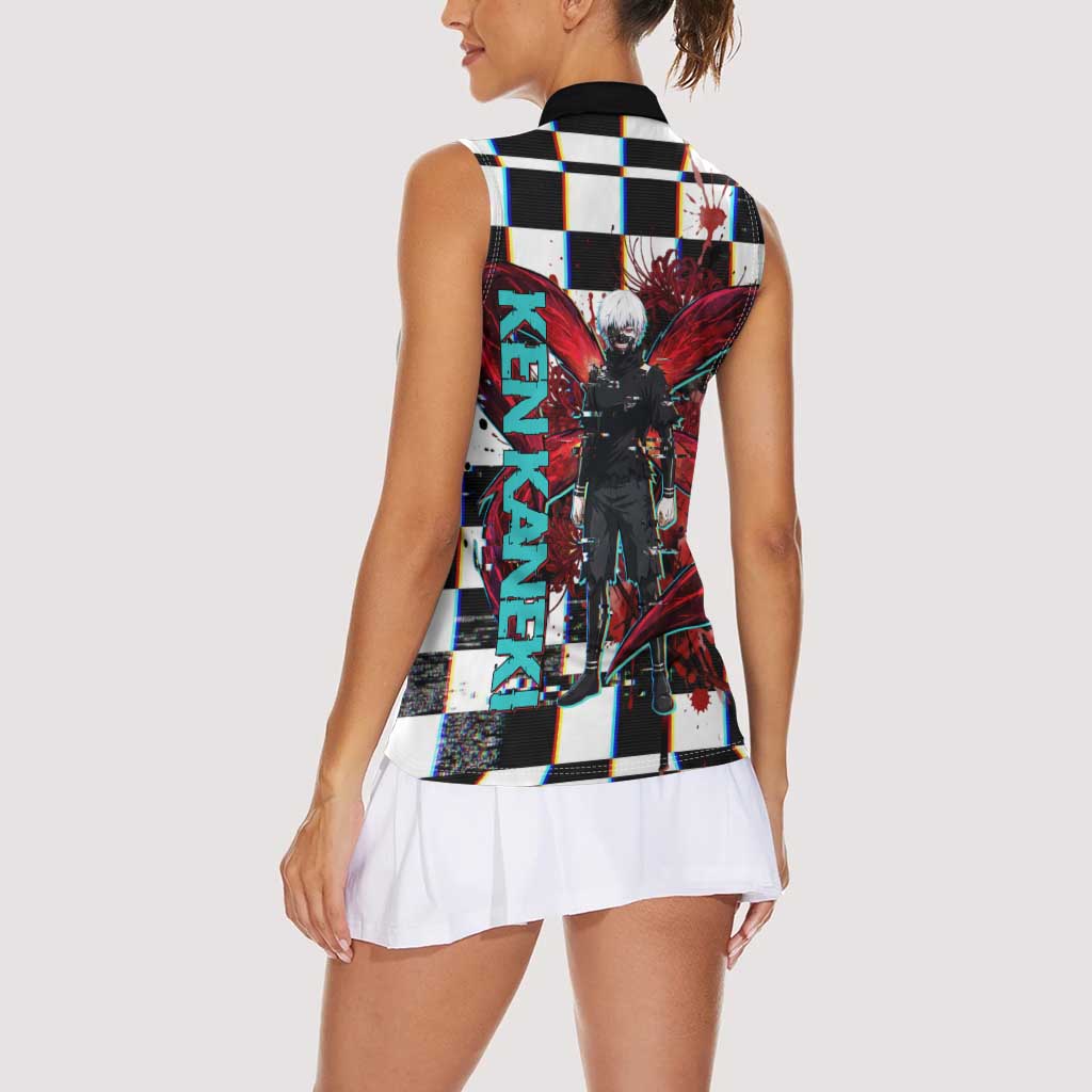 Tokyo Ghoul Kaneki Ken Women Sleeveless Polo Shirt Glitchcore Anime Style with Dark Checker Pattern