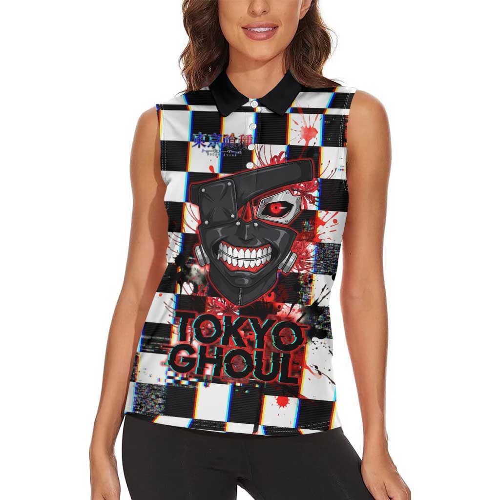 Tokyo Ghoul Kaneki Ken Women Sleeveless Polo Shirt Glitchcore Anime Style with Dark Checker Pattern