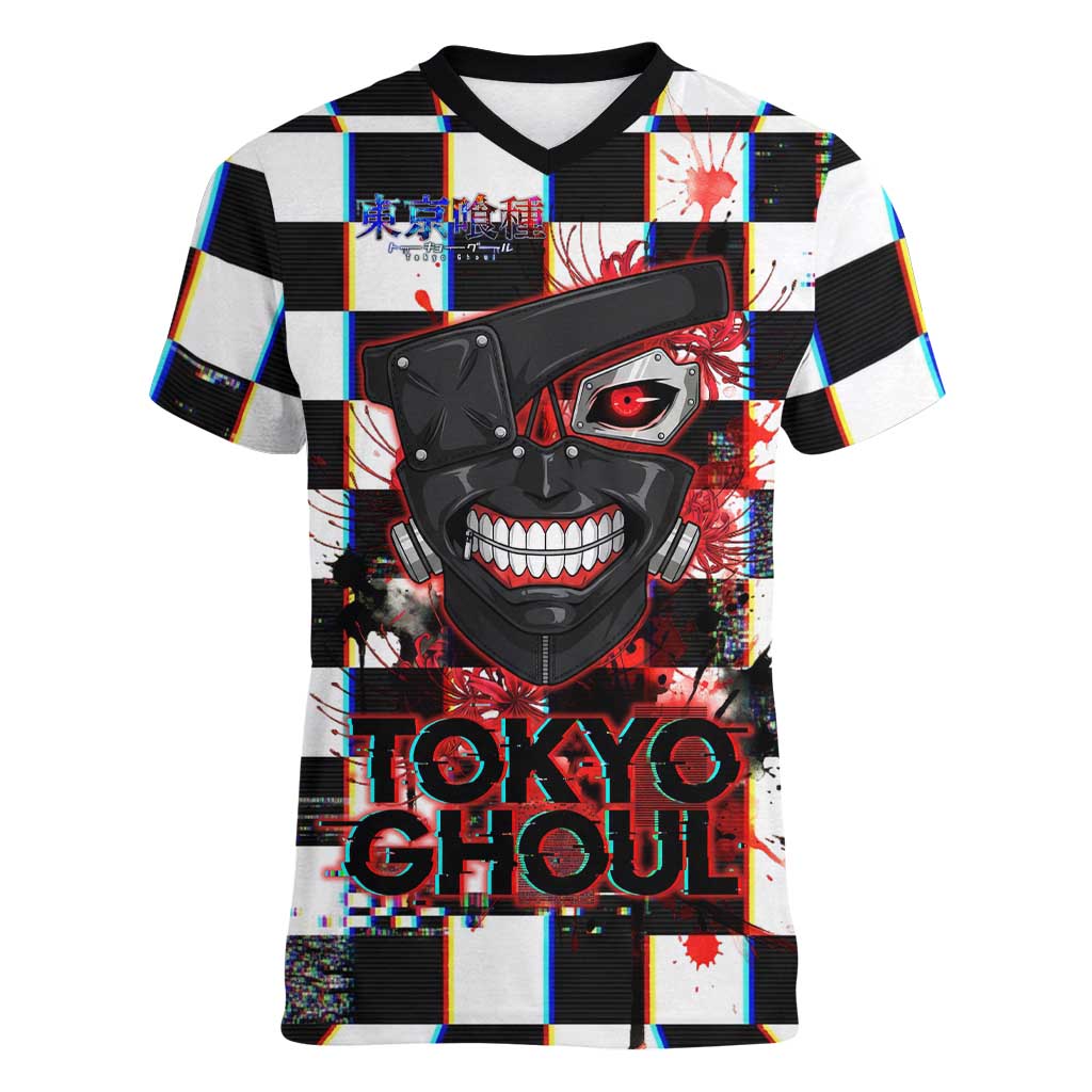 Tokyo Ghoul Kaneki Ken Women V-Neck T-Shirt Glitchcore Anime Style with Dark Checker Pattern