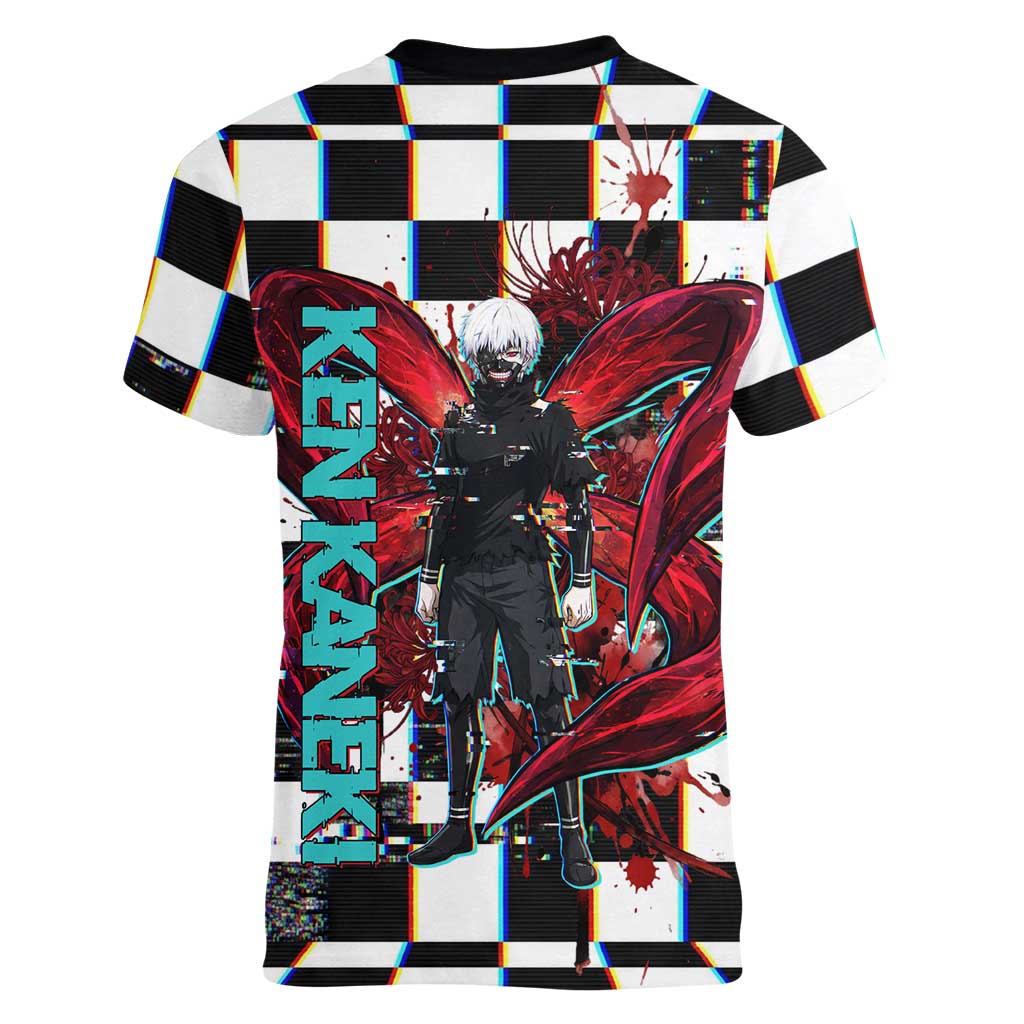 Tokyo Ghoul Kaneki Ken Women V-Neck T-Shirt Glitchcore Anime Style with Dark Checker Pattern