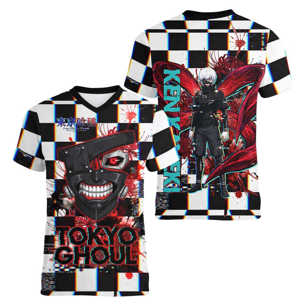 Tokyo Ghoul Kaneki Ken Women V-Neck T-Shirt Glitchcore Anime Style with Dark Checker Pattern