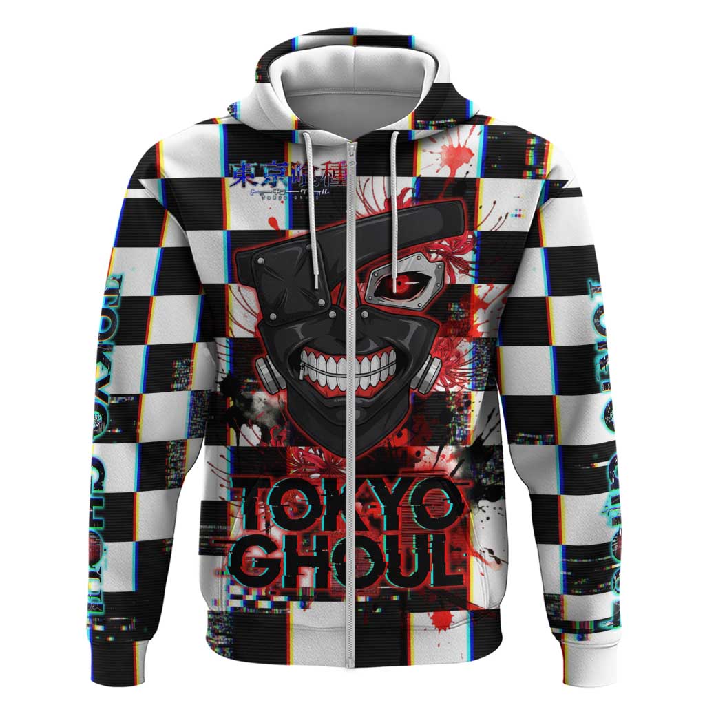 Tokyo Ghoul Kaneki Ken Zip Hoodie Glitchcore Anime Style with Dark Checker Pattern