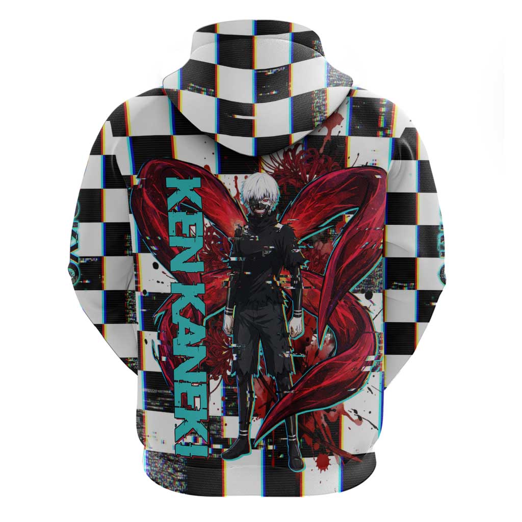 Tokyo Ghoul Kaneki Ken Zip Hoodie Glitchcore Anime Style with Dark Checker Pattern