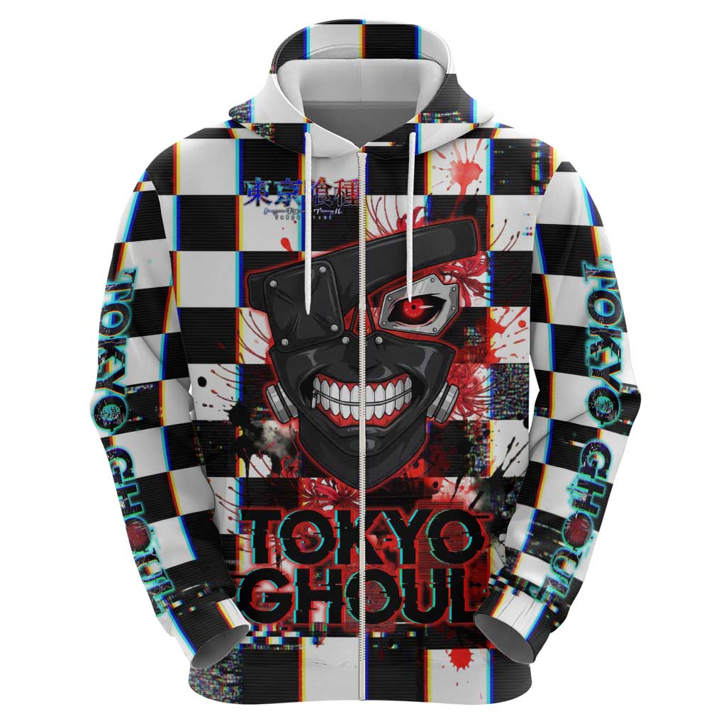 Tokyo Ghoul Kaneki Ken Zip Hoodie Glitchcore Anime Style with Dark Checker Pattern