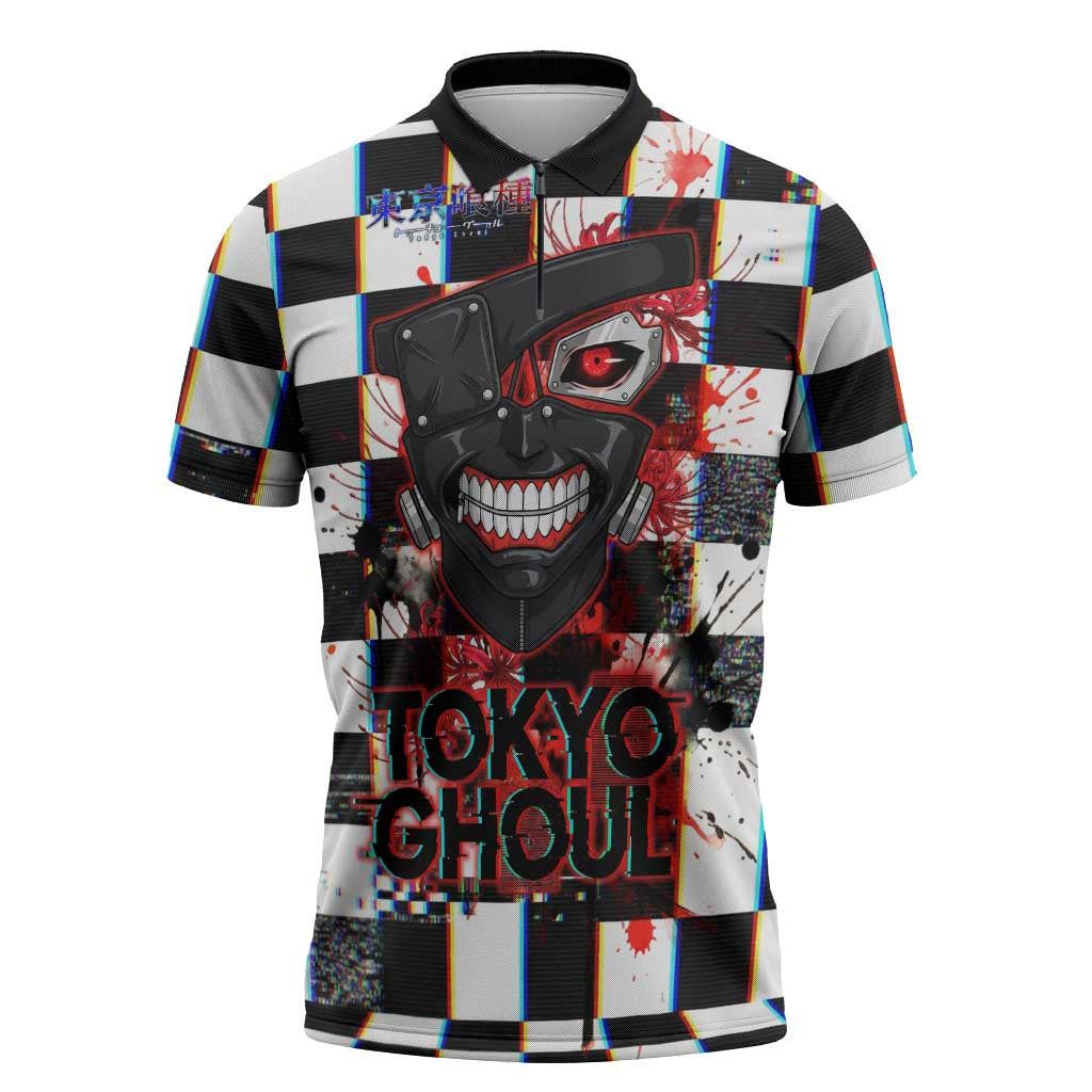 Tokyo Ghoul Kaneki Ken Zipper Polo Shirt Glitchcore Anime Style with Dark Checker Pattern
