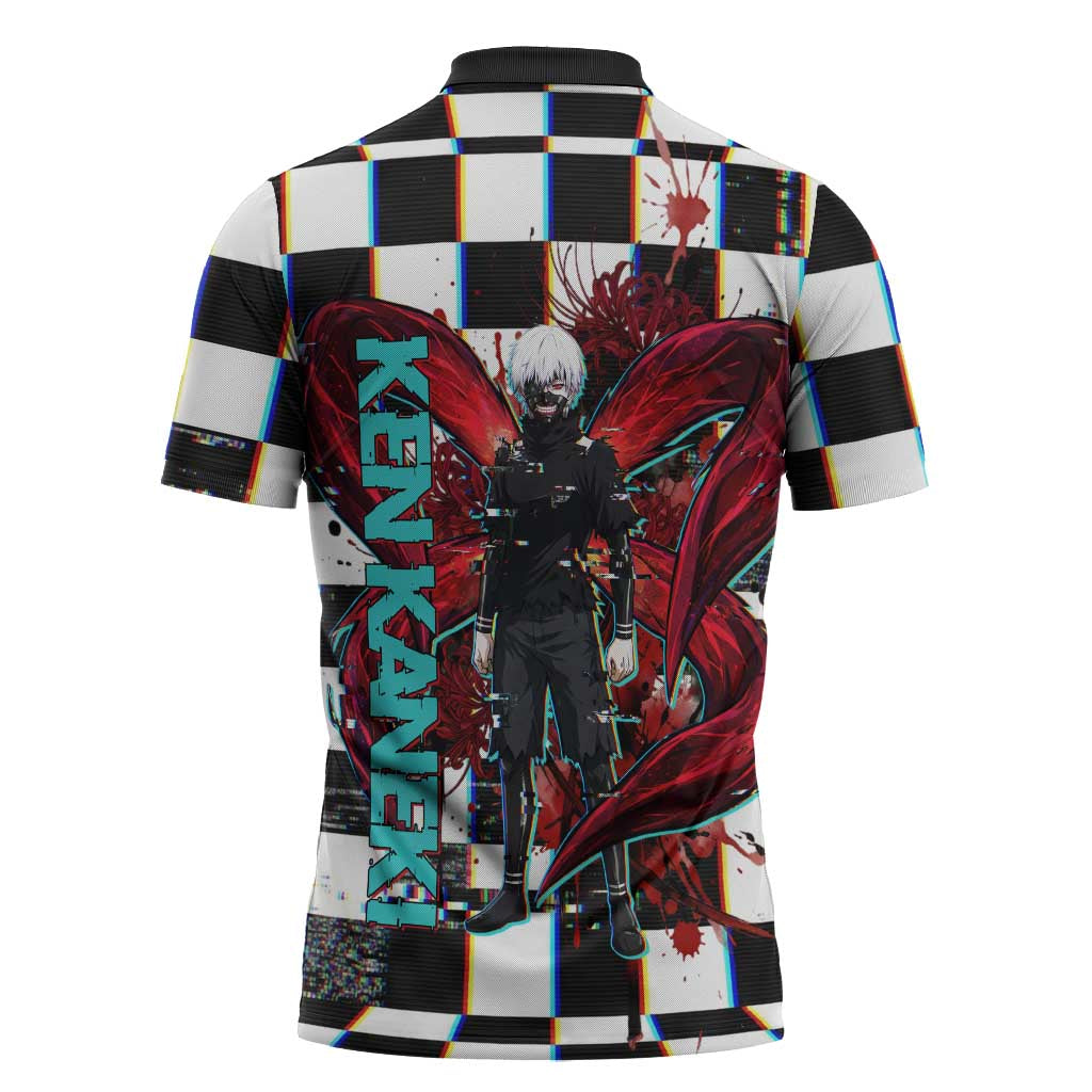 Tokyo Ghoul Kaneki Ken Zipper Polo Shirt Glitchcore Anime Style with Dark Checker Pattern