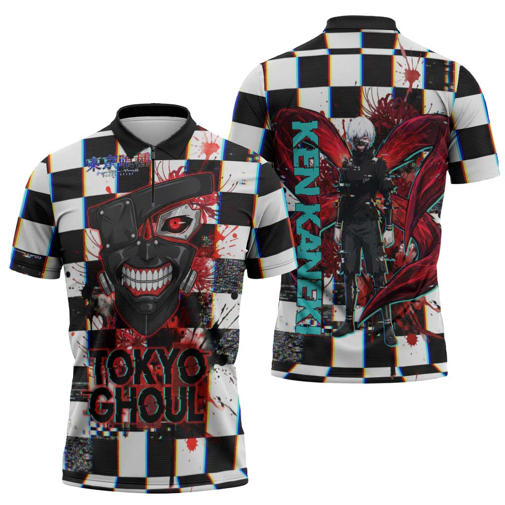 Tokyo Ghoul Kaneki Ken Zipper Polo Shirt Glitchcore Anime Style with Dark Checker Pattern