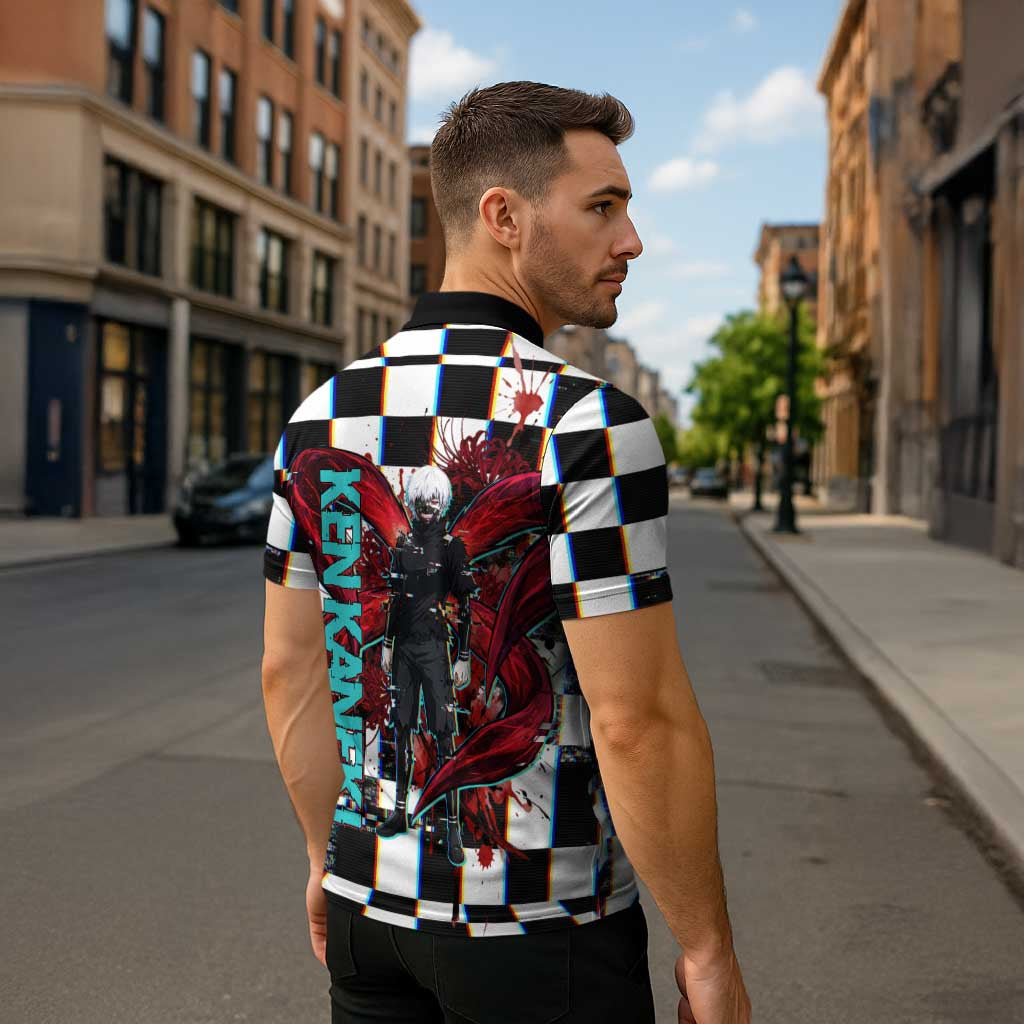 Tokyo Ghoul Kaneki Ken Zipper Polo Shirt Glitchcore Anime Style with Dark Checker Pattern