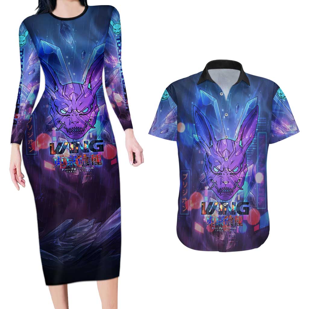 Touka Kirishima Tokyo Ghoul Couples Matching Long Sleeve Bodycon Dress and Hawaiian Shirt Cyberpunk Neon Style with Crystal Wings Effect