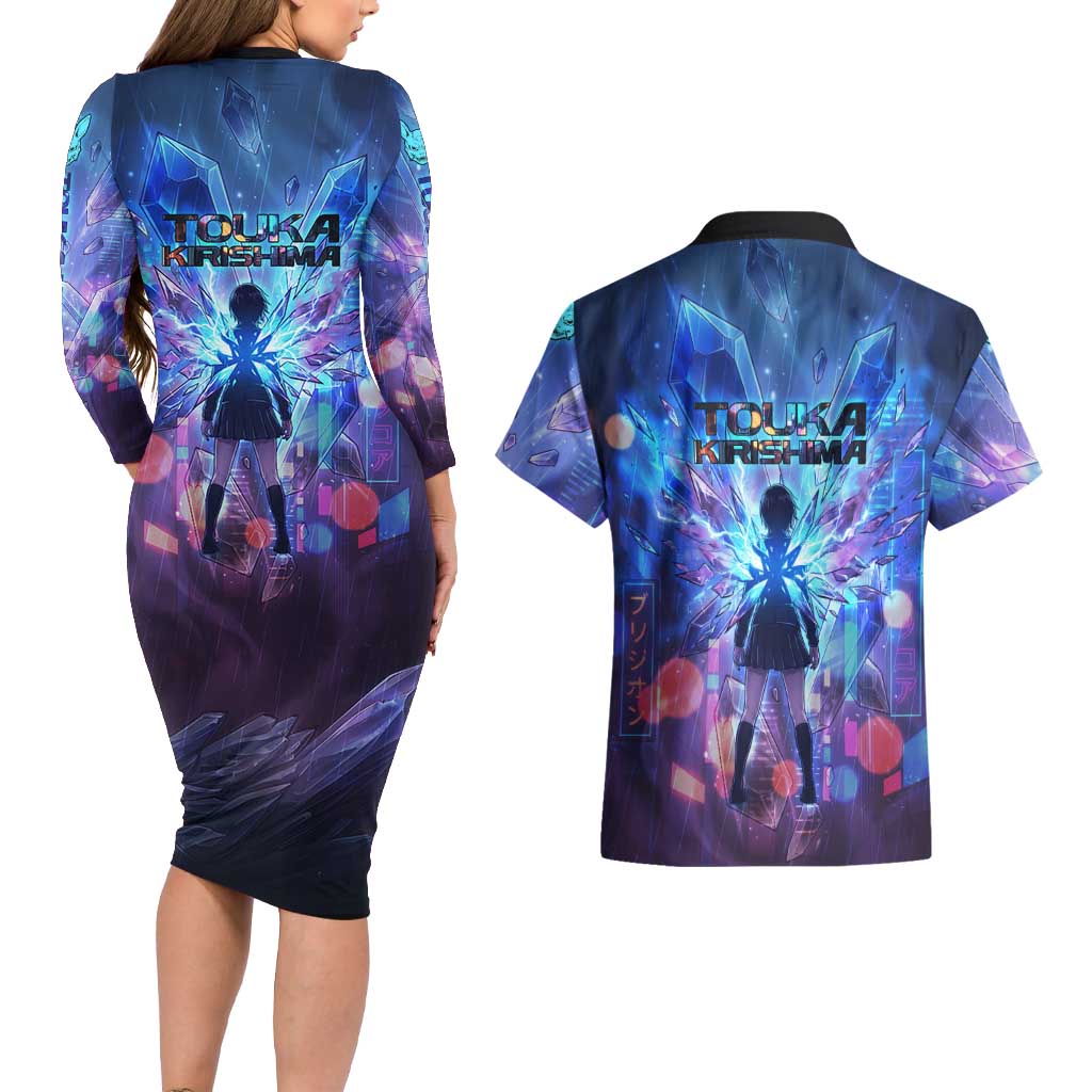 Touka Kirishima Tokyo Ghoul Couples Matching Long Sleeve Bodycon Dress and Hawaiian Shirt Cyberpunk Neon Style with Crystal Wings Effect