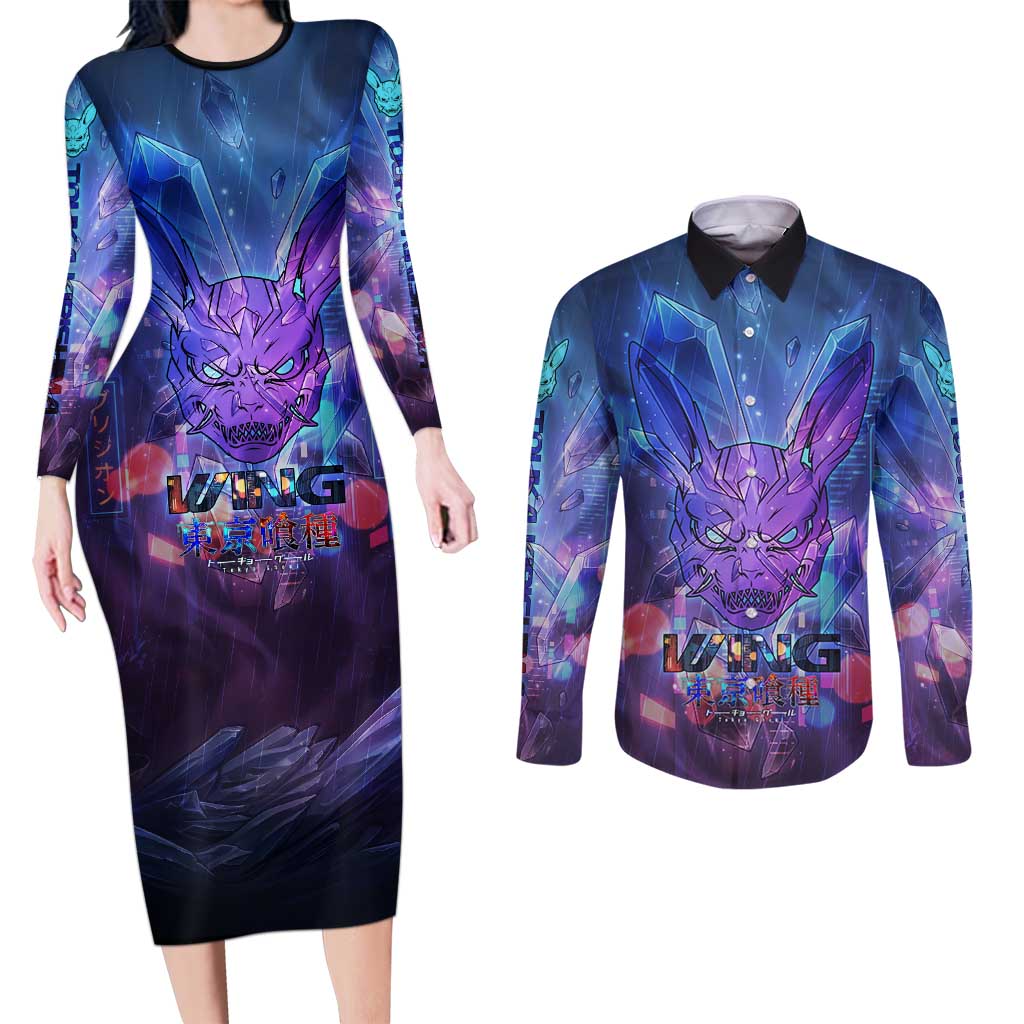 Touka Kirishima Tokyo Ghoul Couples Matching Long Sleeve Bodycon Dress and Long Sleeve Button Shirt Cyberpunk Neon Style with Crystal Wings Effect
