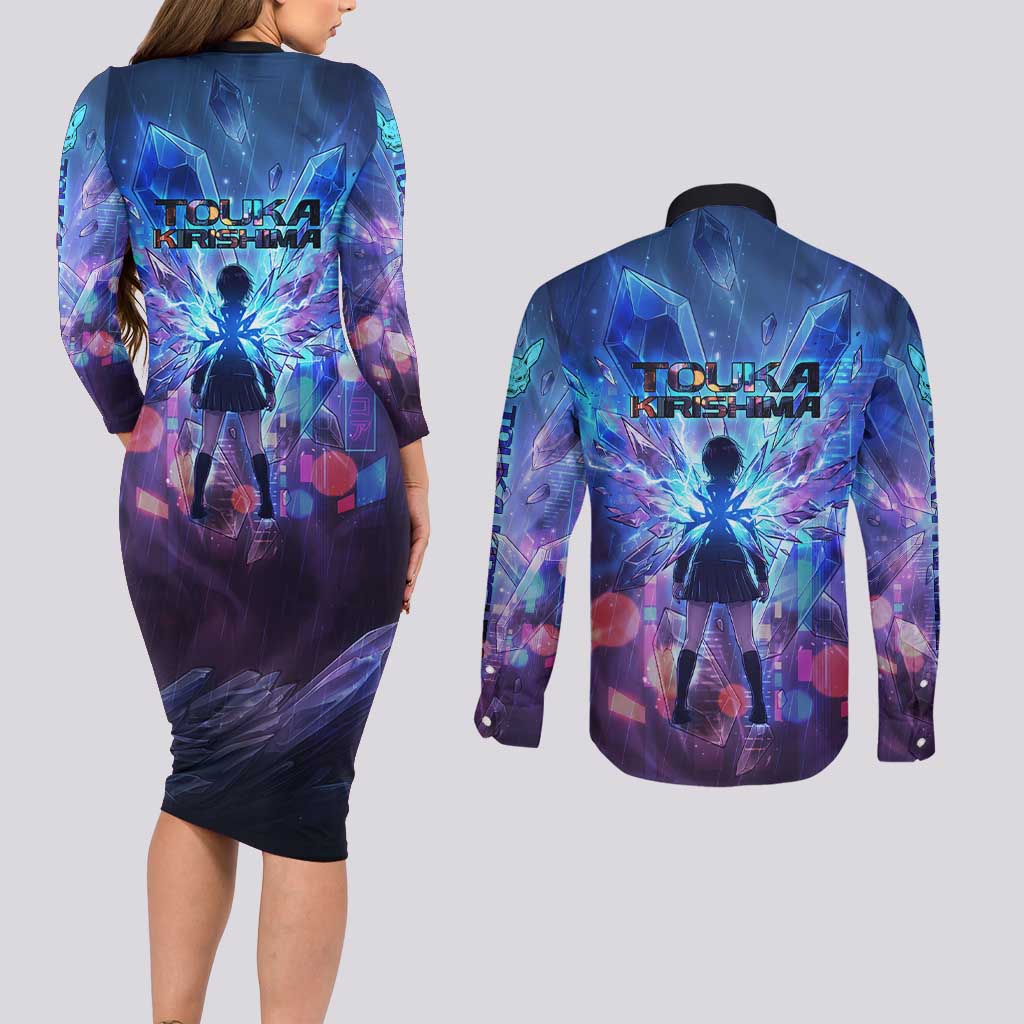 Touka Kirishima Tokyo Ghoul Couples Matching Long Sleeve Bodycon Dress and Long Sleeve Button Shirt Cyberpunk Neon Style with Crystal Wings Effect
