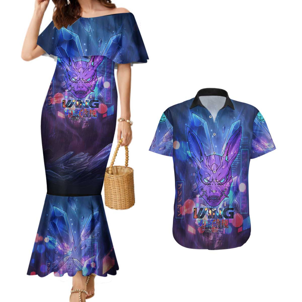 Touka Kirishima Tokyo Ghoul Couples Matching Mermaid Dress and Hawaiian Shirt Cyberpunk Neon Style with Crystal Wings Effect