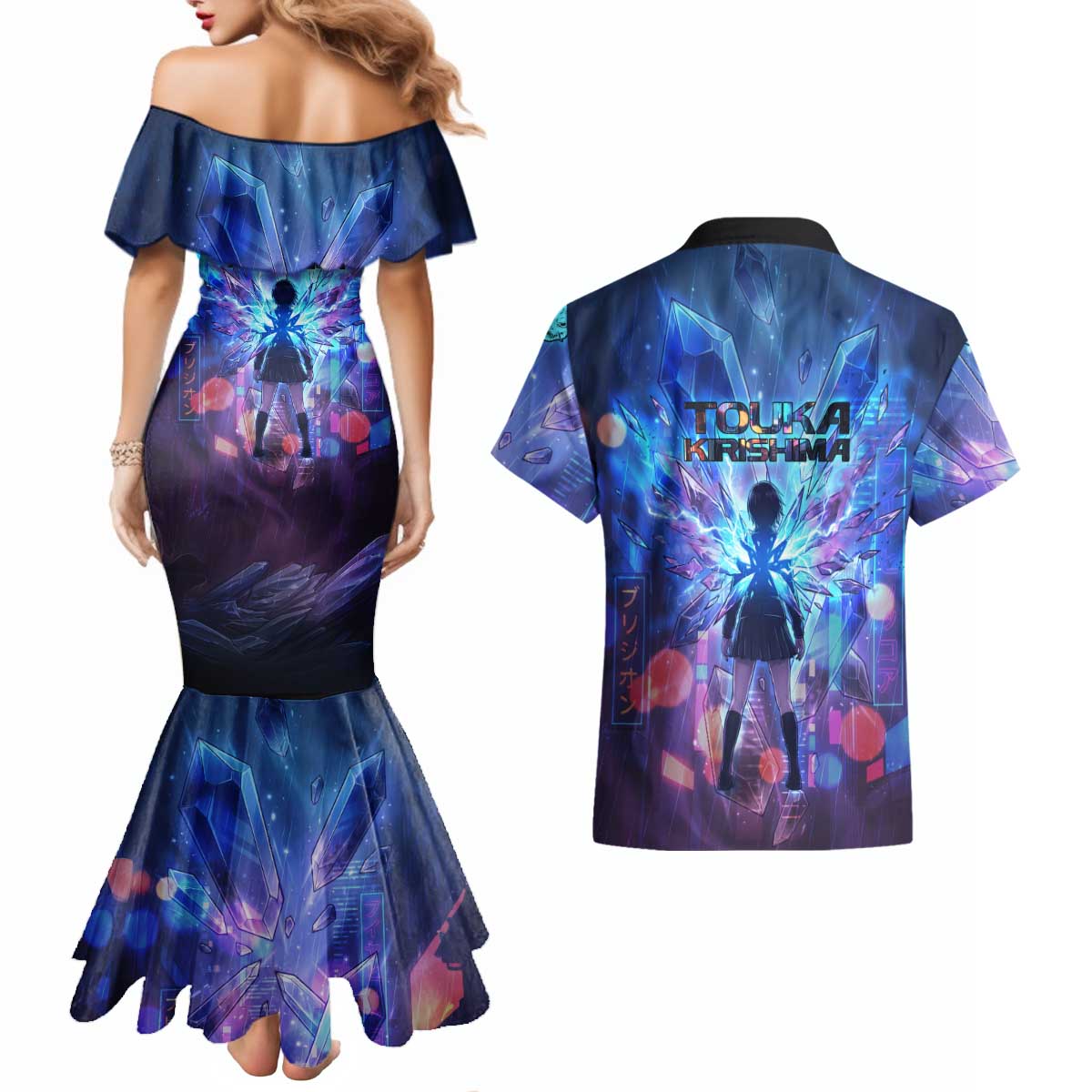 Touka Kirishima Tokyo Ghoul Couples Matching Mermaid Dress and Hawaiian Shirt Cyberpunk Neon Style with Crystal Wings Effect