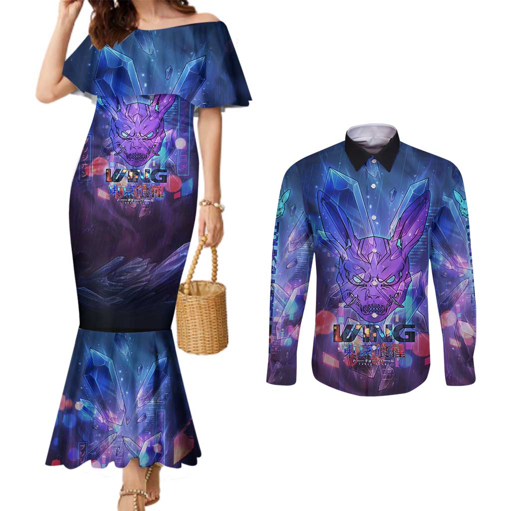 Touka Kirishima Tokyo Ghoul Couples Matching Mermaid Dress and Long Sleeve Button Shirt Cyberpunk Neon Style with Crystal Wings Effect