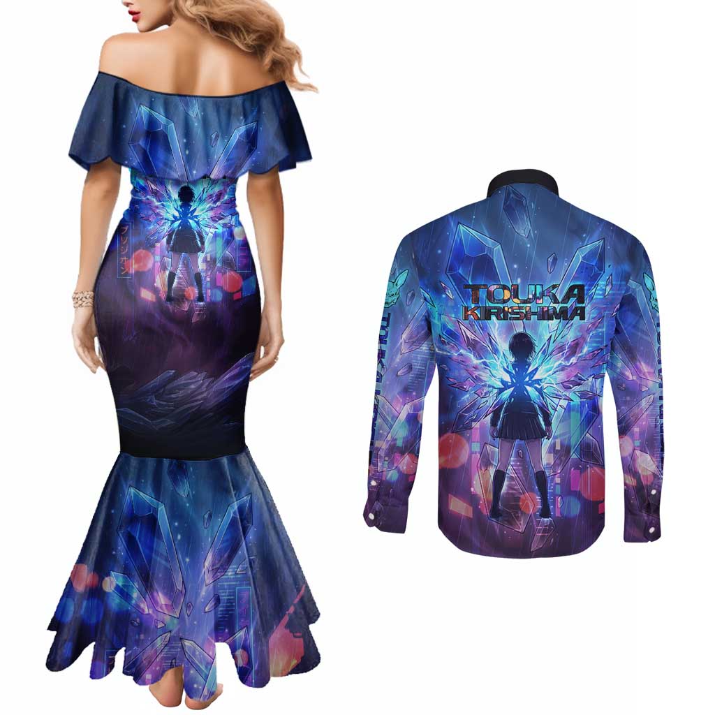 Touka Kirishima Tokyo Ghoul Couples Matching Mermaid Dress and Long Sleeve Button Shirt Cyberpunk Neon Style with Crystal Wings Effect