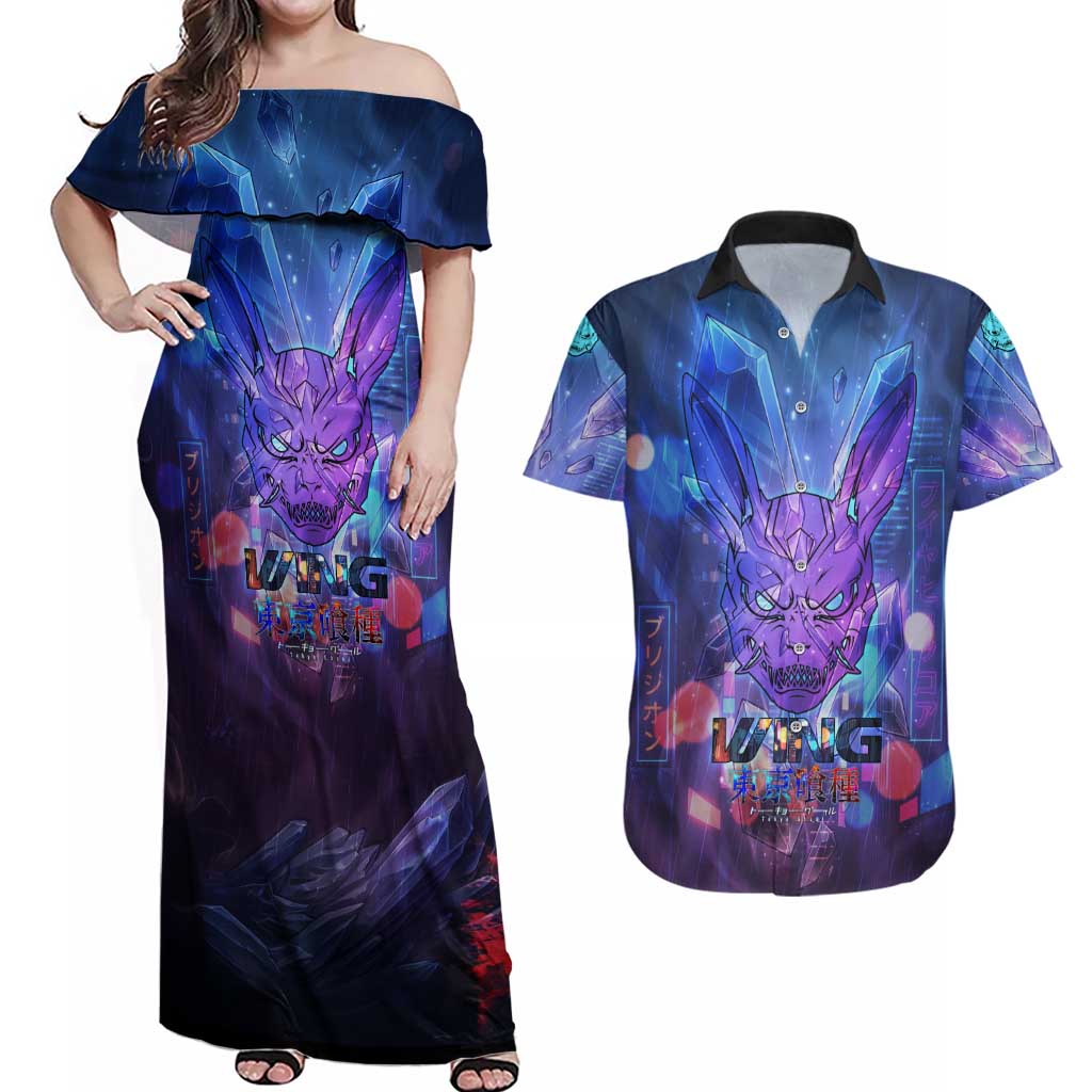 Touka Kirishima Tokyo Ghoul Couples Matching Off Shoulder Maxi Dress and Hawaiian Shirt Cyberpunk Neon Style with Crystal Wings Effect
