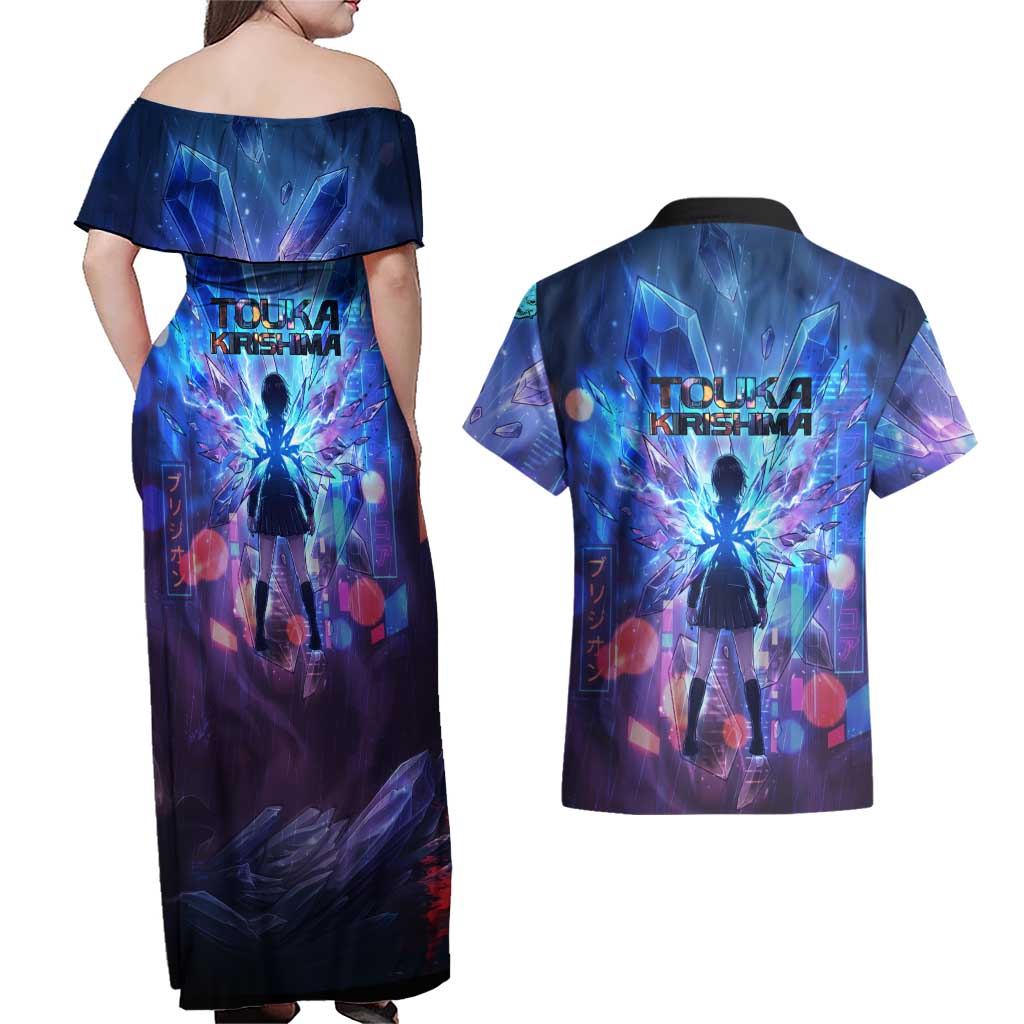 Touka Kirishima Tokyo Ghoul Couples Matching Off Shoulder Maxi Dress and Hawaiian Shirt Cyberpunk Neon Style with Crystal Wings Effect