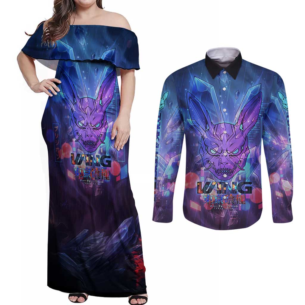 Touka Kirishima Tokyo Ghoul Couples Matching Off Shoulder Maxi Dress and Long Sleeve Button Shirt Cyberpunk Neon Style with Crystal Wings Effect