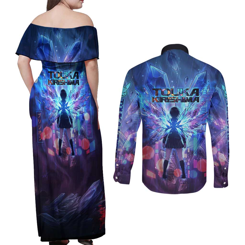 Touka Kirishima Tokyo Ghoul Couples Matching Off Shoulder Maxi Dress and Long Sleeve Button Shirt Cyberpunk Neon Style with Crystal Wings Effect