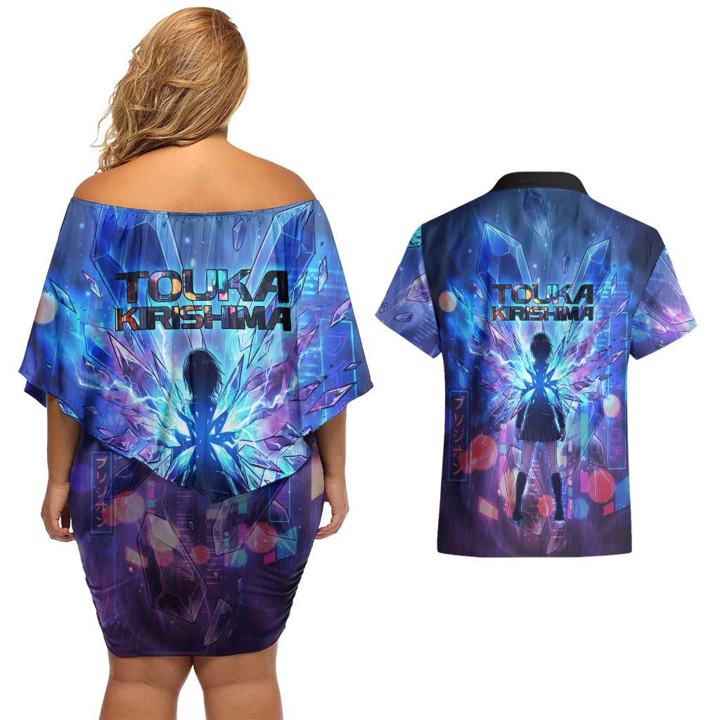Touka Kirishima Tokyo Ghoul Couples Matching Off Shoulder Short Dress and Hawaiian Shirt Cyberpunk Neon Style with Crystal Wings Effect