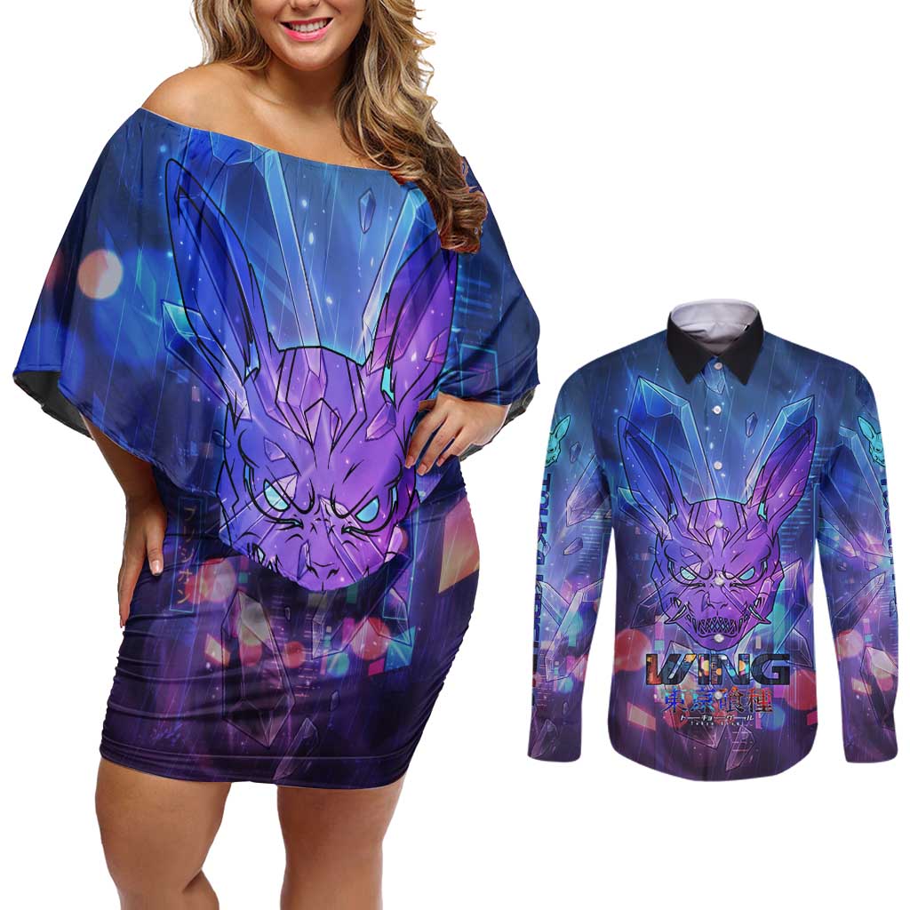 Touka Kirishima Tokyo Ghoul Couples Matching Off Shoulder Short Dress and Long Sleeve Button Shirt Cyberpunk Neon Style with Crystal Wings Effect
