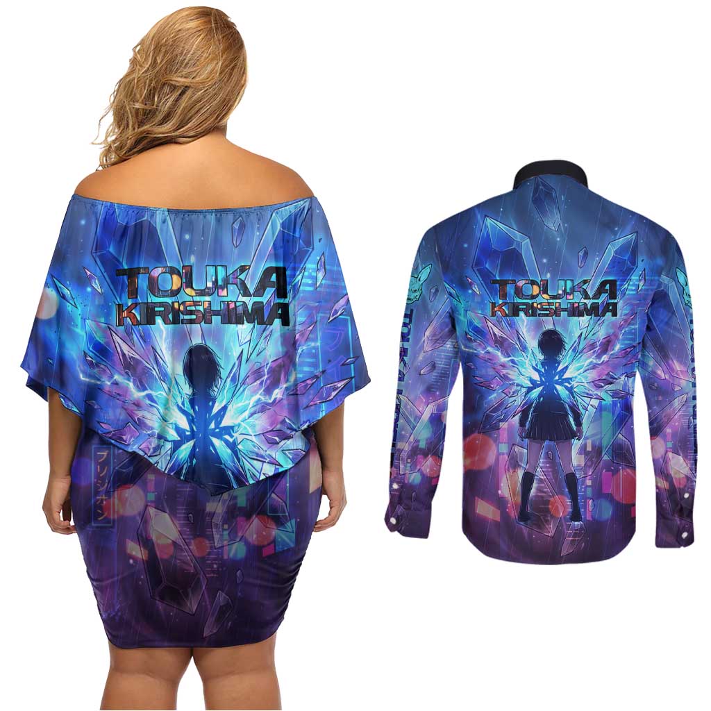 Touka Kirishima Tokyo Ghoul Couples Matching Off Shoulder Short Dress and Long Sleeve Button Shirt Cyberpunk Neon Style with Crystal Wings Effect
