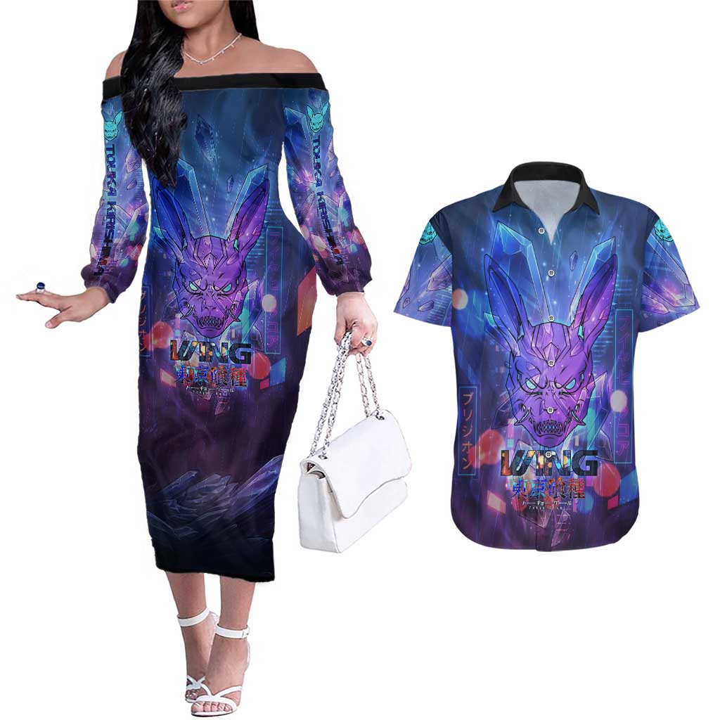 Touka Kirishima Tokyo Ghoul Couples Matching Off The Shoulder Long Sleeve Dress and Hawaiian Shirt Cyberpunk Neon Style with Crystal Wings Effect