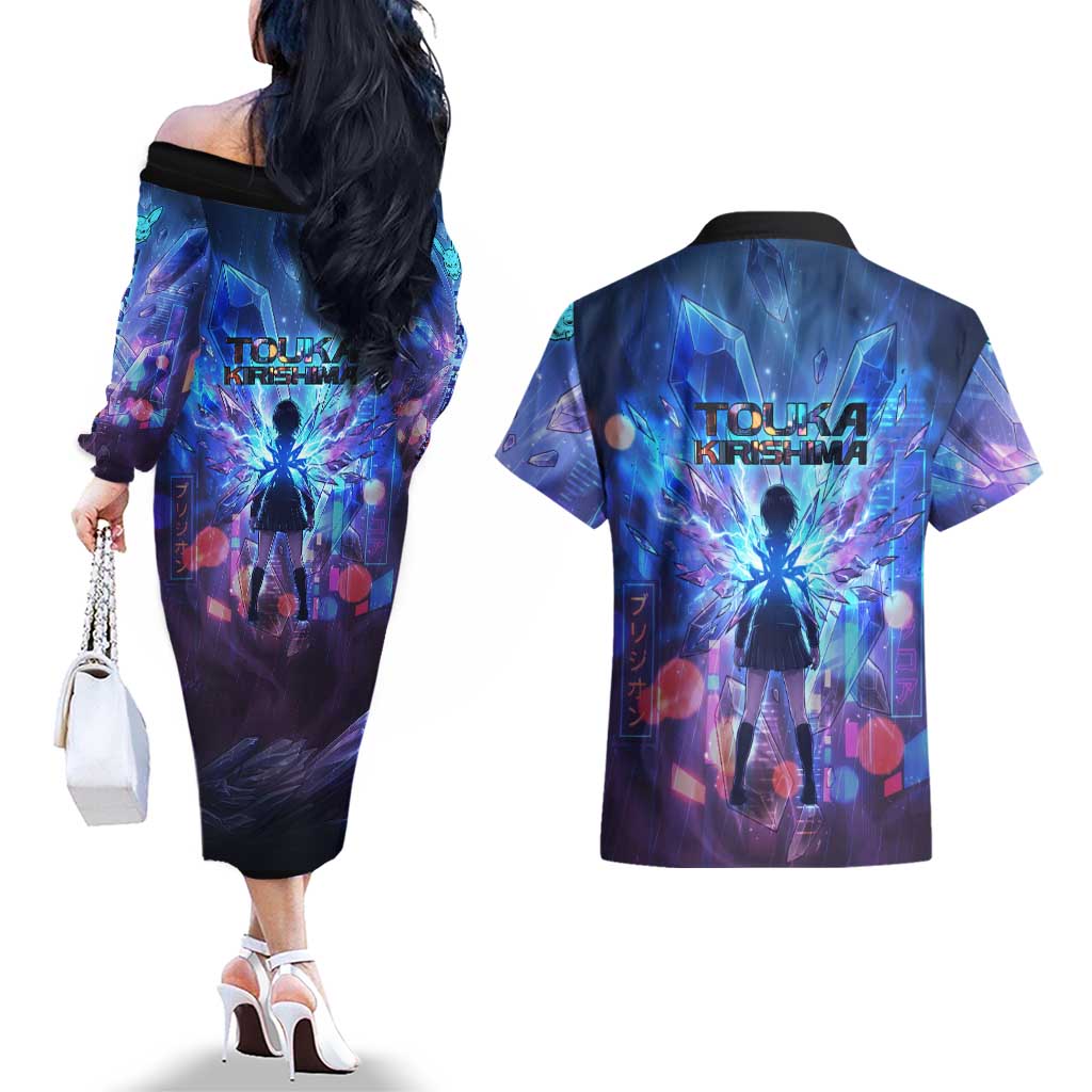 Touka Kirishima Tokyo Ghoul Couples Matching Off The Shoulder Long Sleeve Dress and Hawaiian Shirt Cyberpunk Neon Style with Crystal Wings Effect