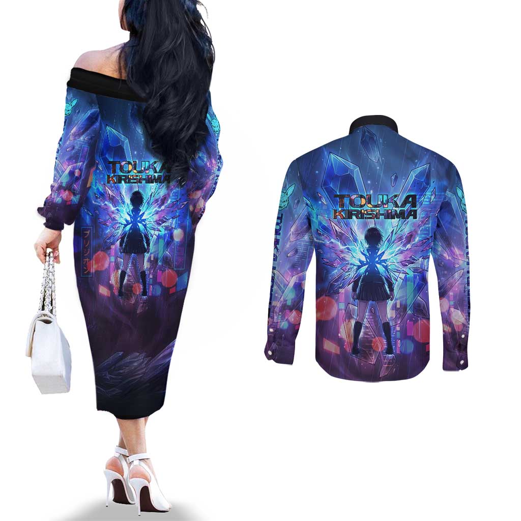 Touka Kirishima Tokyo Ghoul Couples Matching Off The Shoulder Long Sleeve Dress and Long Sleeve Button Shirt Cyberpunk Neon Style with Crystal Wings Effect