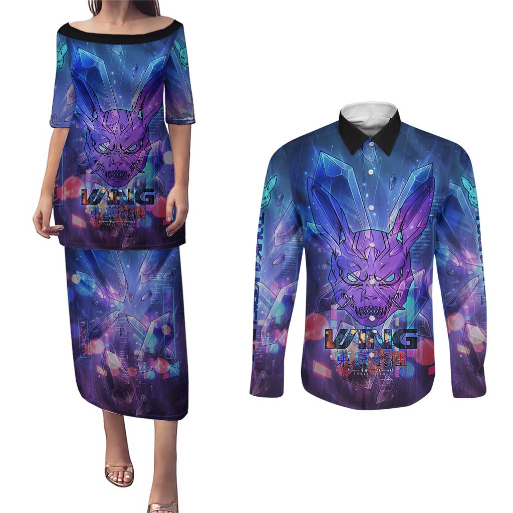 Touka Kirishima Tokyo Ghoul Couples Matching Puletasi and Long Sleeve Button Shirt Cyberpunk Neon Style with Crystal Wings Effect