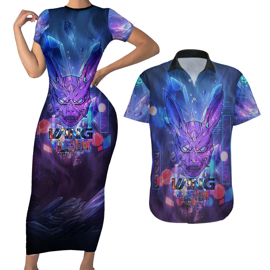 Touka Kirishima Tokyo Ghoul Couples Matching Short Sleeve Bodycon Dress and Hawaiian Shirt Cyberpunk Neon Style with Crystal Wings Effect
