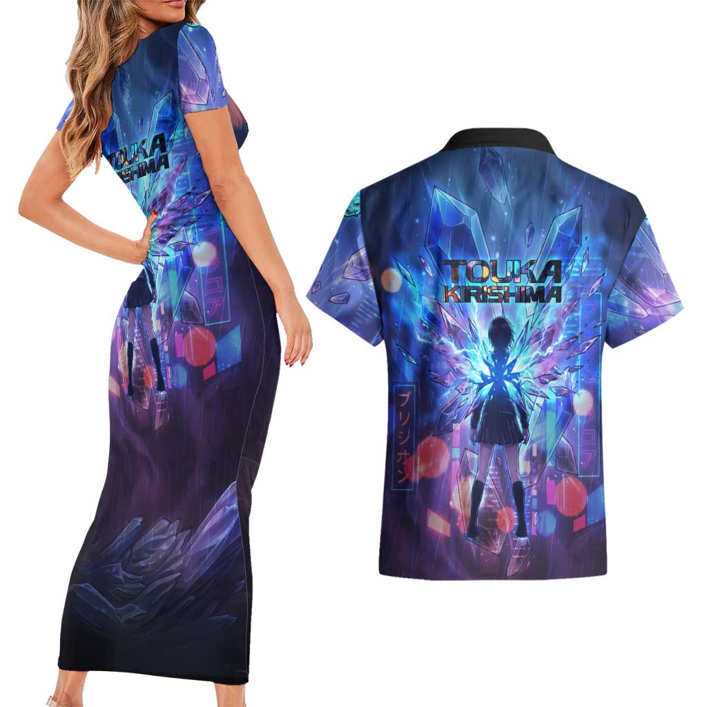 Touka Kirishima Tokyo Ghoul Couples Matching Short Sleeve Bodycon Dress and Hawaiian Shirt Cyberpunk Neon Style with Crystal Wings Effect