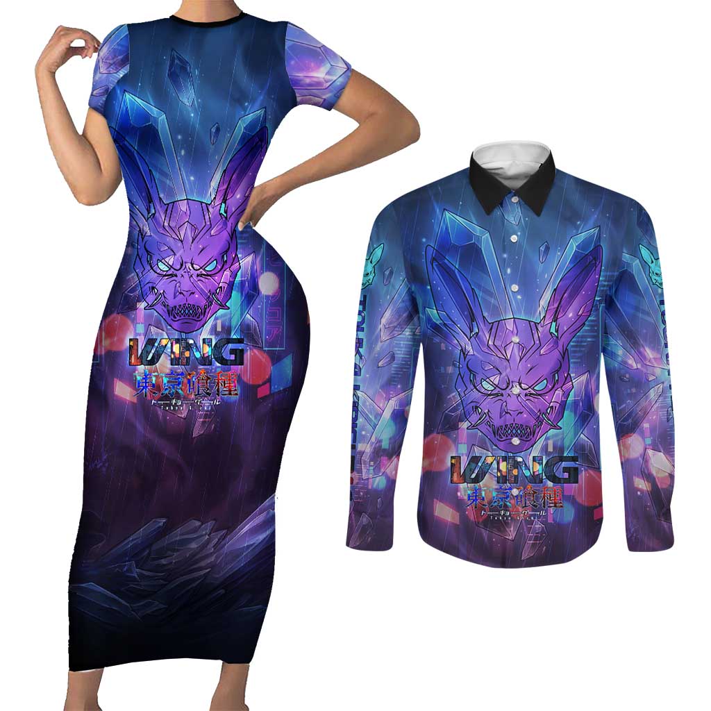 Touka Kirishima Tokyo Ghoul Couples Matching Short Sleeve Bodycon Dress and Long Sleeve Button Shirt Cyberpunk Neon Style with Crystal Wings Effect