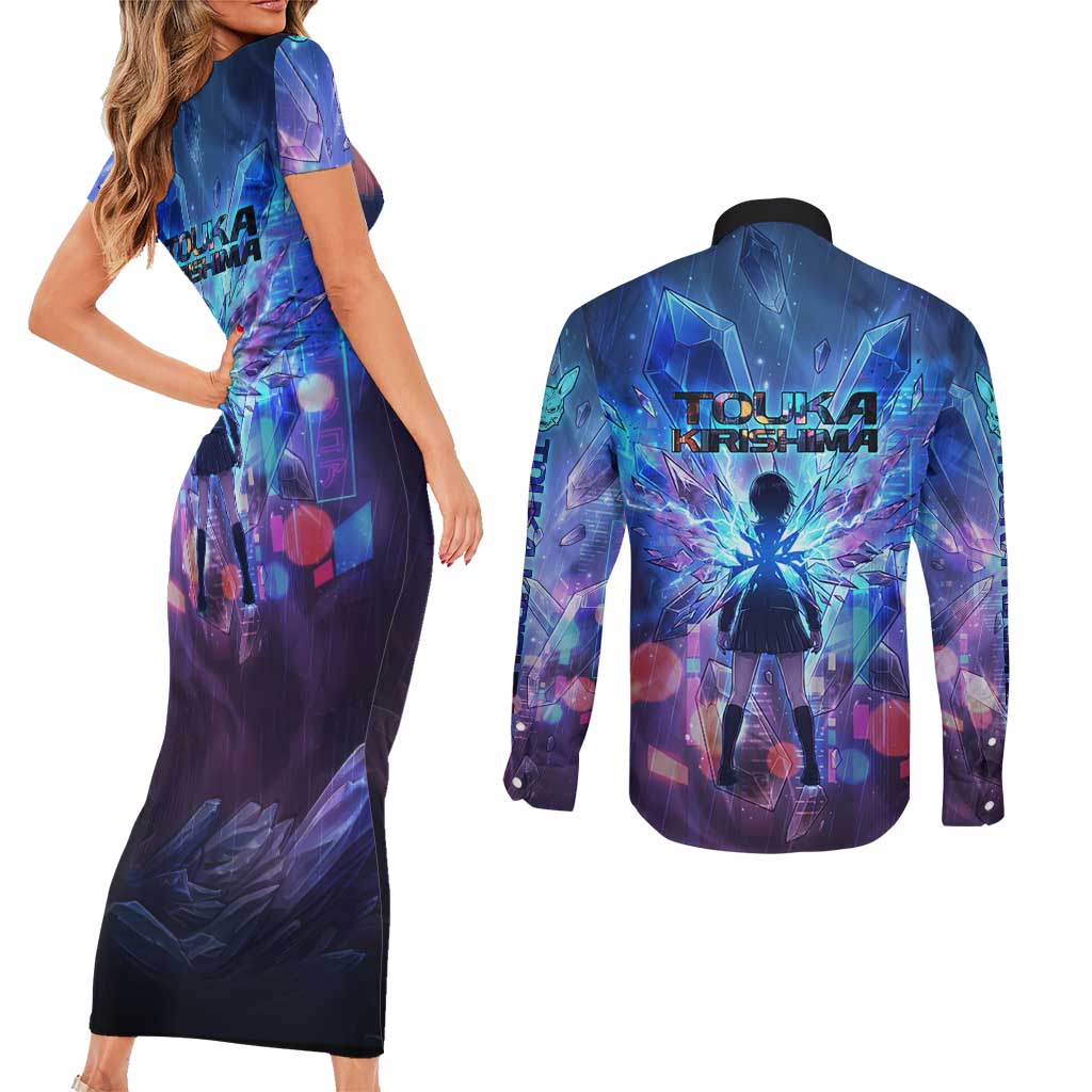 Touka Kirishima Tokyo Ghoul Couples Matching Short Sleeve Bodycon Dress and Long Sleeve Button Shirt Cyberpunk Neon Style with Crystal Wings Effect