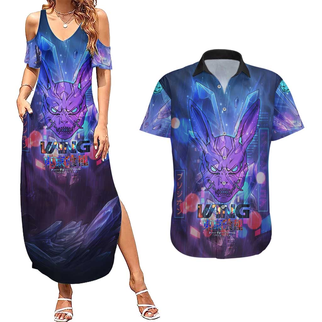 Touka Kirishima Tokyo Ghoul Couples Matching Summer Maxi Dress and Hawaiian Shirt Cyberpunk Neon Style with Crystal Wings Effect