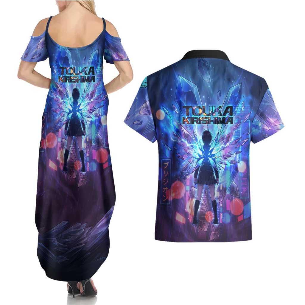 Touka Kirishima Tokyo Ghoul Couples Matching Summer Maxi Dress and Hawaiian Shirt Cyberpunk Neon Style with Crystal Wings Effect