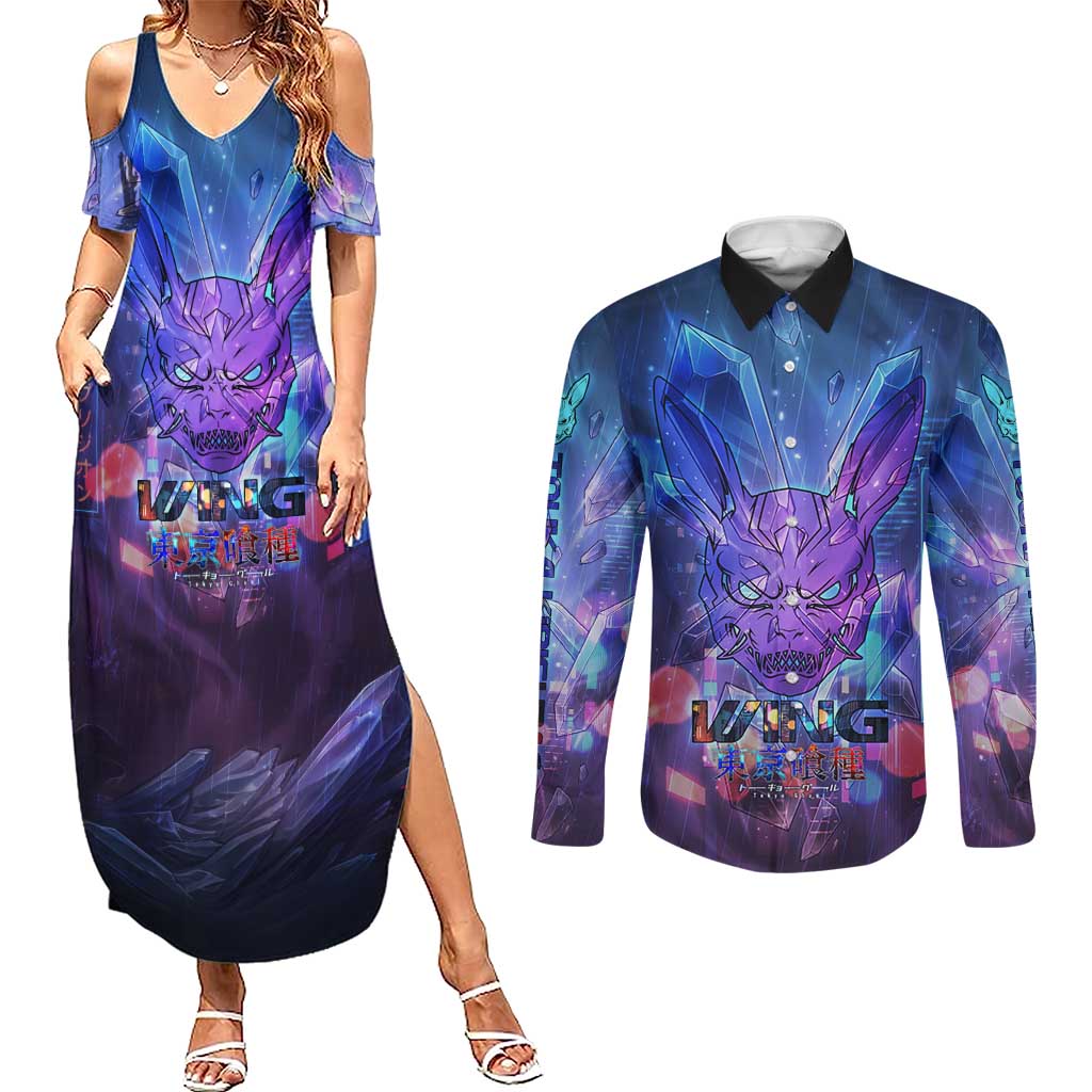 Touka Kirishima Tokyo Ghoul Couples Matching Summer Maxi Dress and Long Sleeve Button Shirt Cyberpunk Neon Style with Crystal Wings Effect